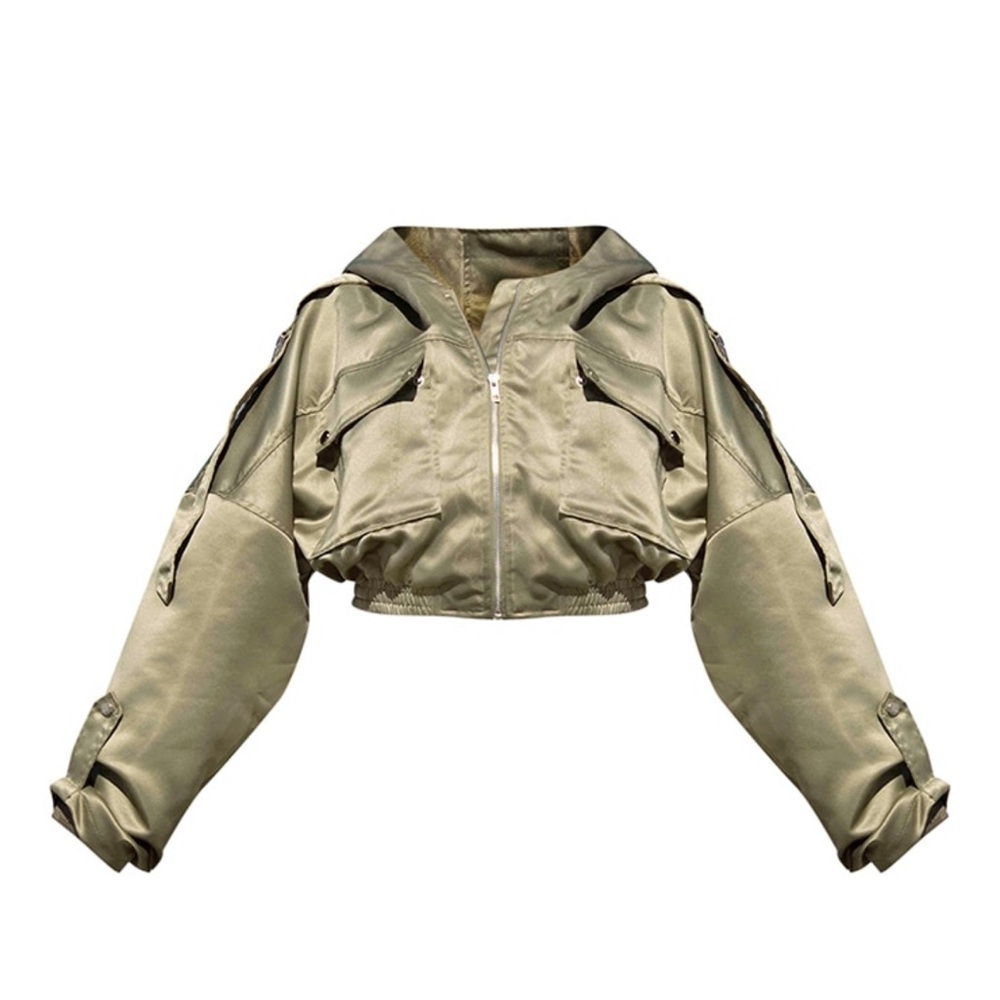 PrettyLittleThing Sage Green Satin Oversized Hooded Pocket Bomber Jacket